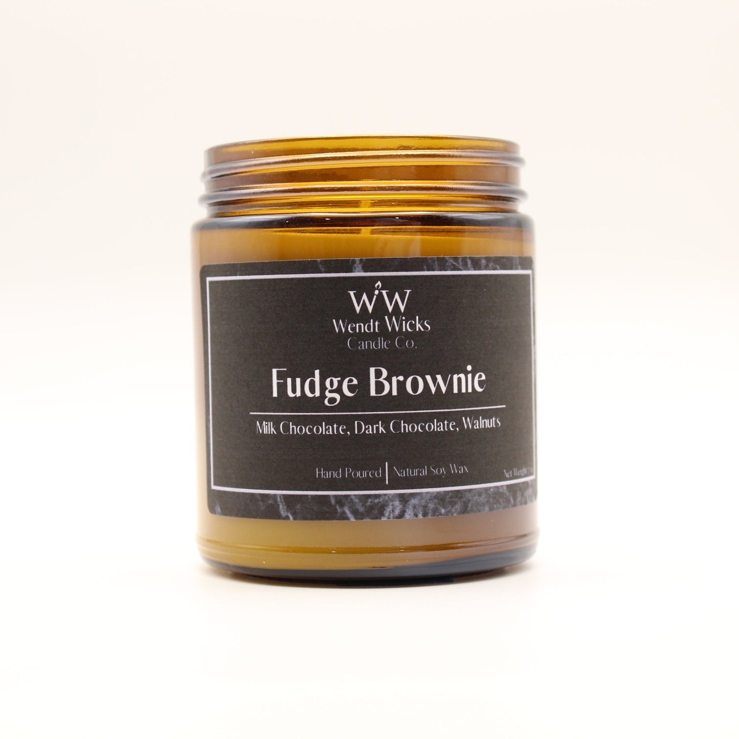 Wendt Wicks candle labeled 'Fudge Brownie' on a white background