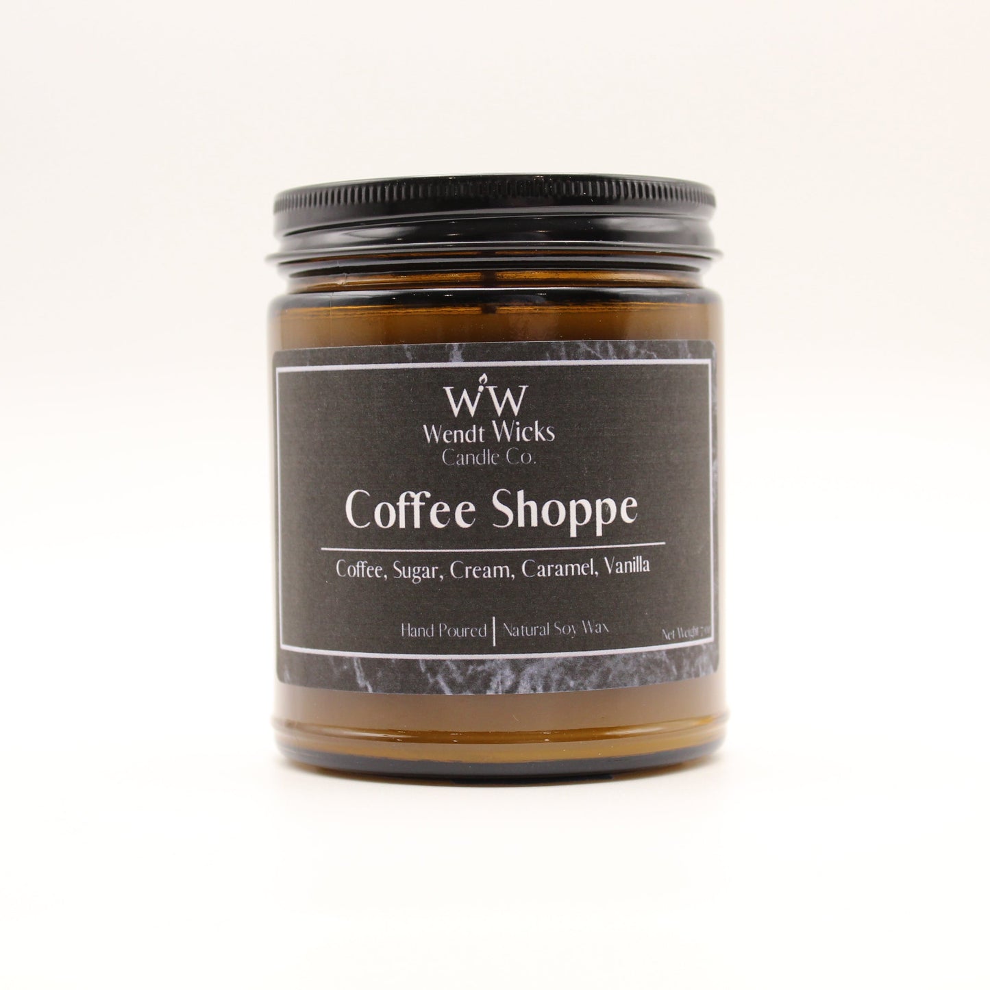 Wendt Wicks Coffee Shoppe candle on a white background