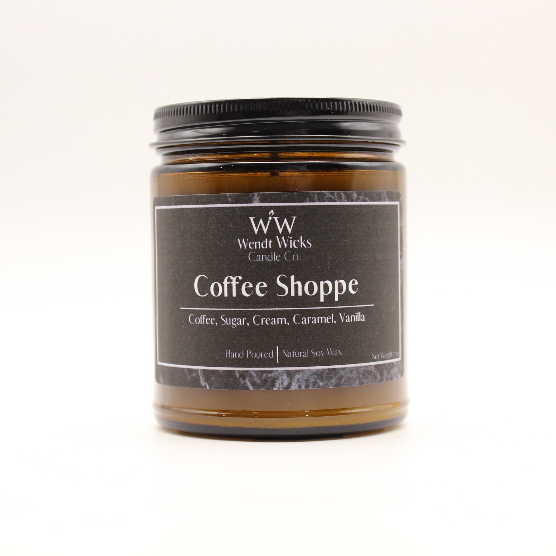 Wendt Wicks Coffee Shoppe candle on a white background
