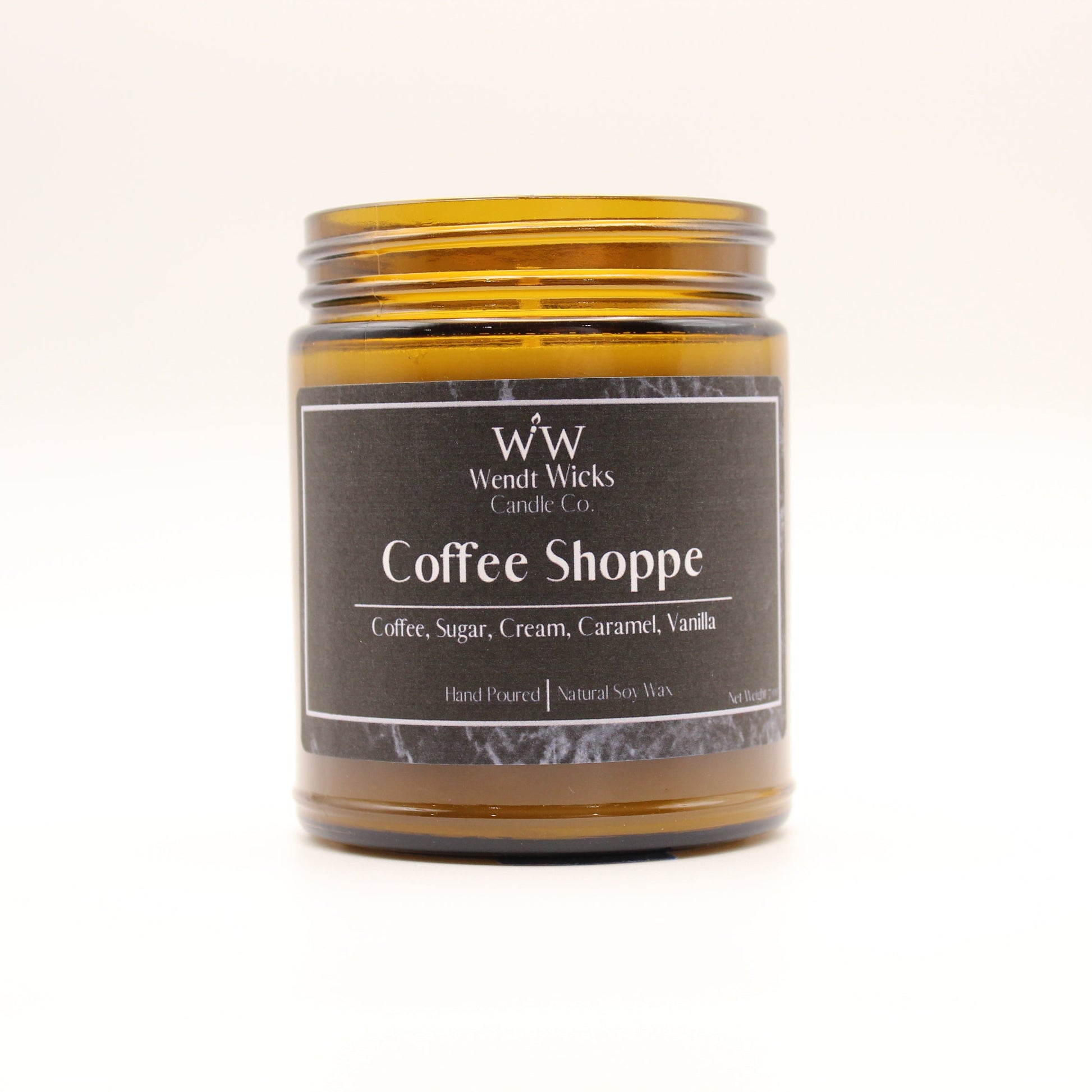 Wendt Wicks Candle Co. Coffee Shoppe candle in a amber jar on a white background