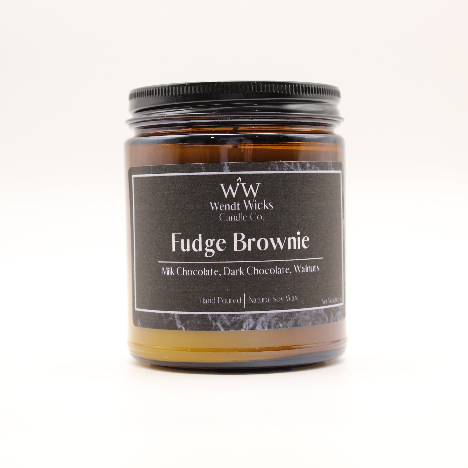 Wendt Wicks candle jar labeled 'Fudge Brownie' on a white background
