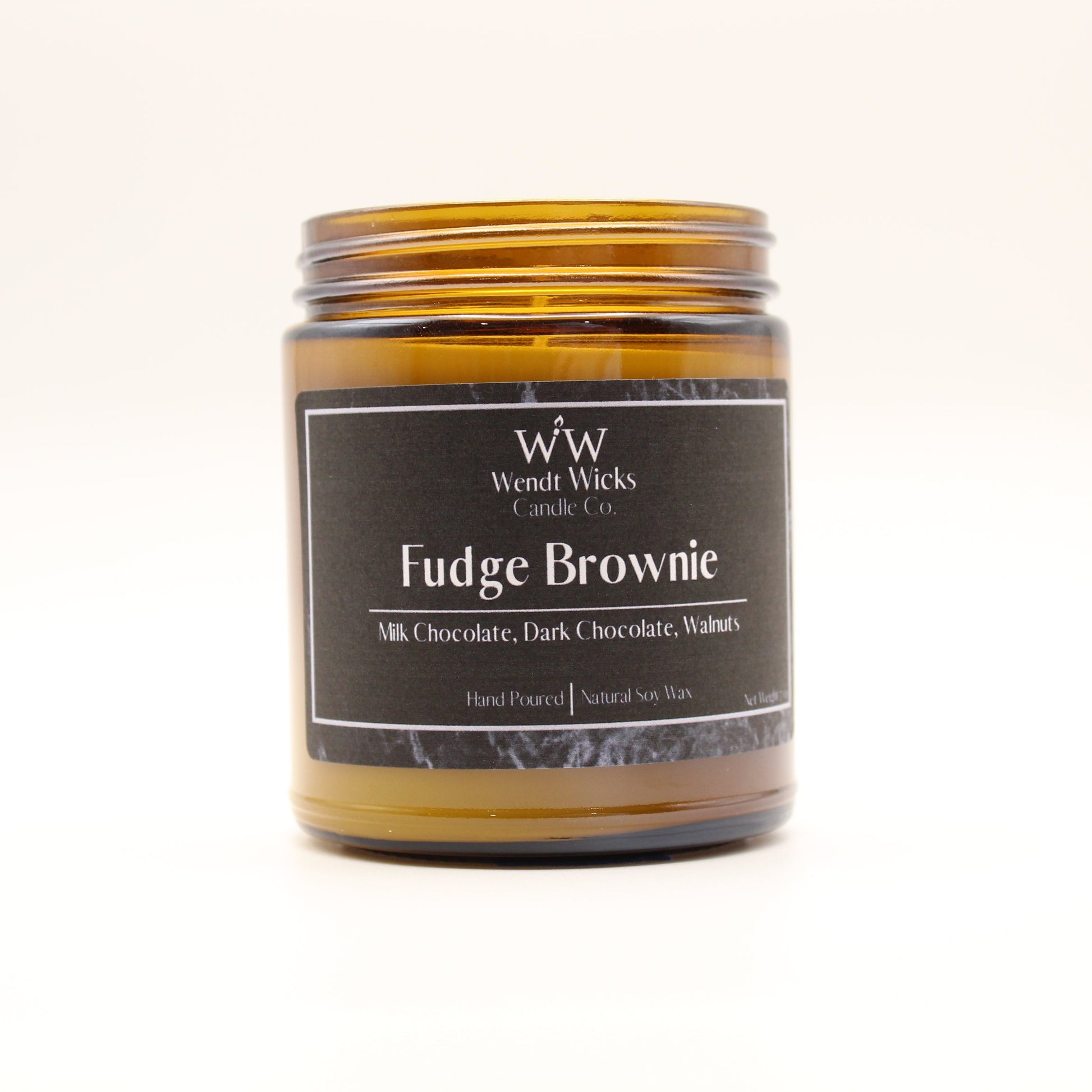 Wendt Wicks candle labeled 'Fudge Brownie' on a white background