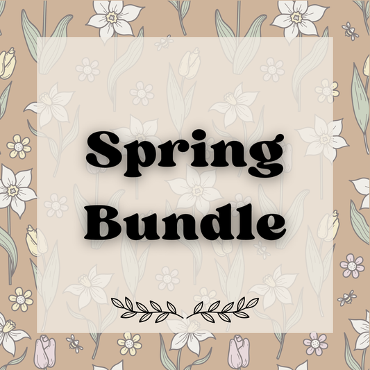Text 'Spring Bundle' on a floral patterned background
